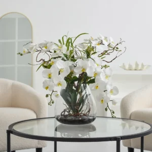 Lifelike Faux Orchid Arrangement in Glass Vase